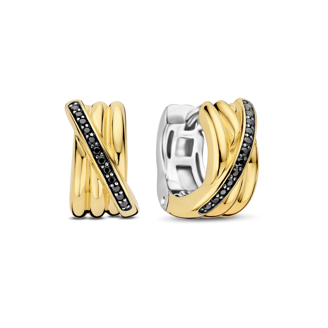 Boucles d'oreilles créoles TI SENTO - Argent bicolore doré, zircons noirs (7960BY)