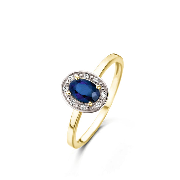 Bague entourage - Or Jaune et Blanc, Saphir Bleu et Diamants (054004SA)