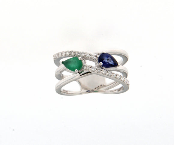 Bague avec motif - Or Blanc, Diamants, Saphir bleu et Emeraude (065105SE)