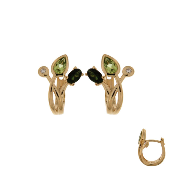 Boucles d'oreilles créoles - Or Jaune 18k, Tourmaline verte, Péridot et diamant (067180DA)