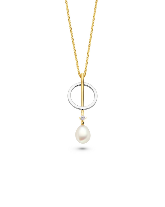 Collier FJF - Classic Circle, Argent Bicolore, Zircons et Perle (FJF0010031B)