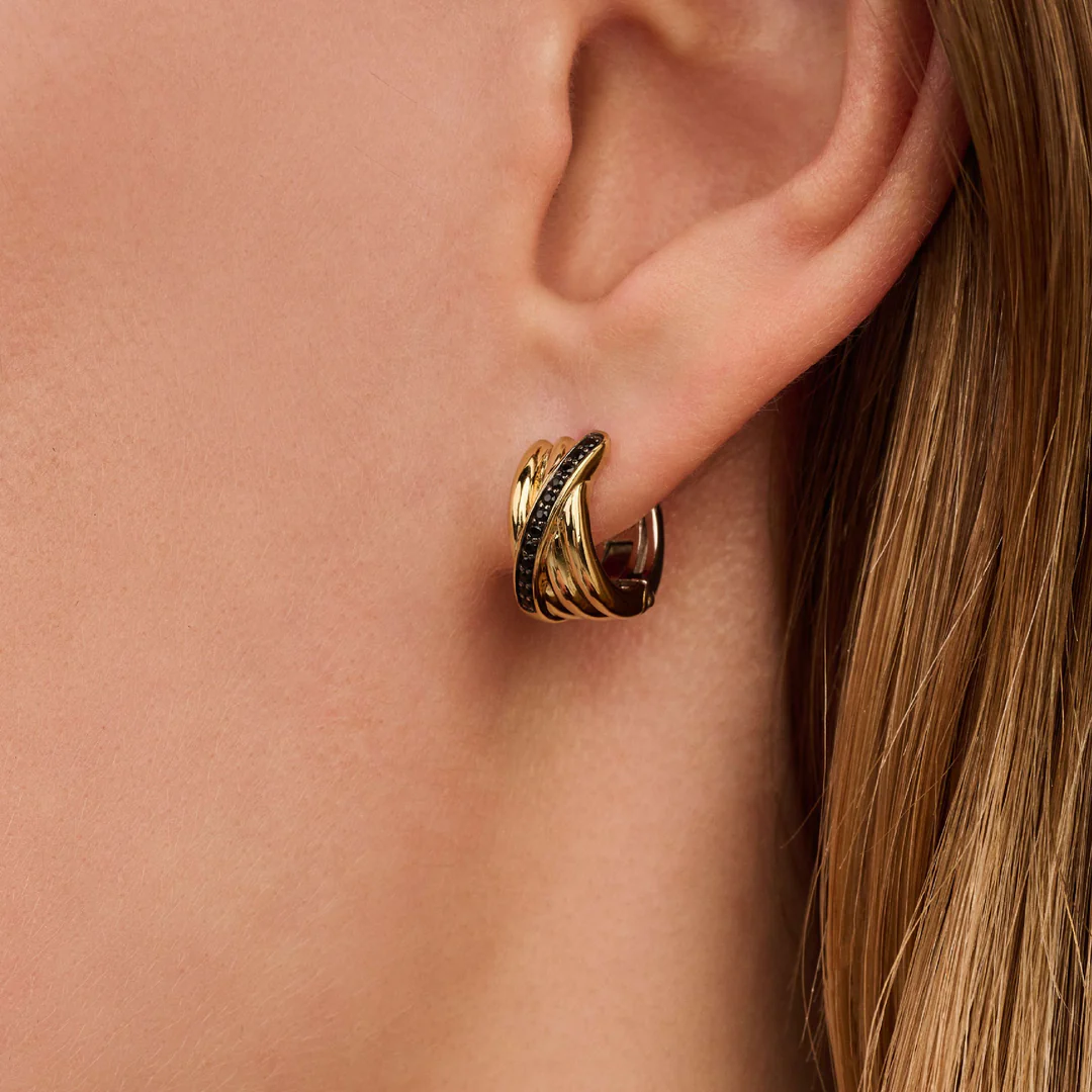 Boucles d'oreilles créoles TI SENTO - Argent bicolore doré, zircons noirs (7960BY)