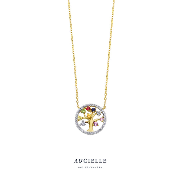 Aucielle - Collier - Arbre de vie, Or Jaune, Zircons multicolores et Diamant (AK0024D/45)