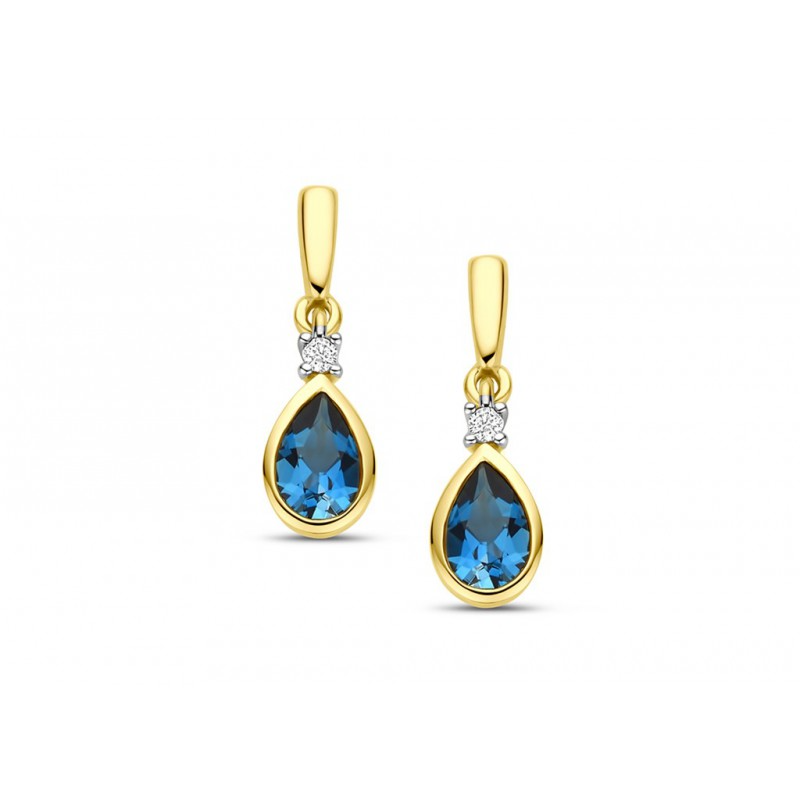 Boucles d'oreilles - Or Jaune, Topaze London Blue et Diamants (GO3785BTLB)