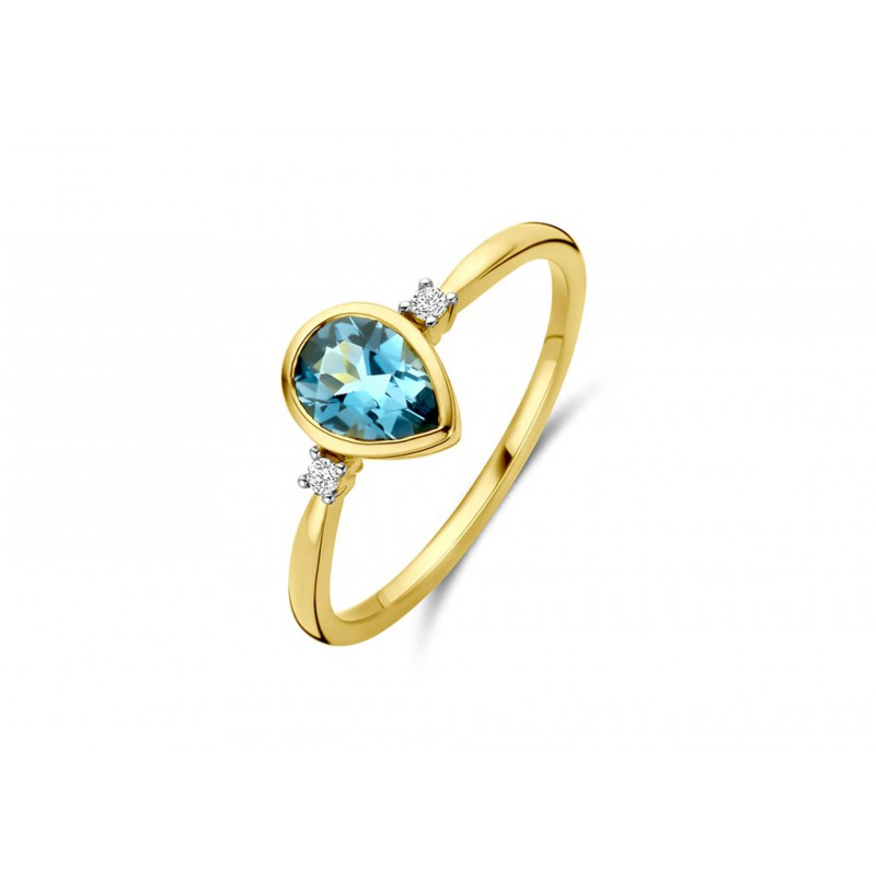 Bague avec motif - Or Jaune, Topaze bleue et Diamants (GR4951BTLB)