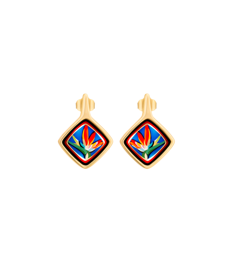 Boucles d'oreilles Freywille - Carré Frida Kahlo ¡VIVA LA VIDA!, Plaqué or et Émail (FK492CR1/1 RE1)